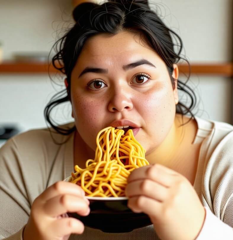 뚱뚱하고-얼굴이-부은-여자가-라면을-먹고-있는-사진입니다.