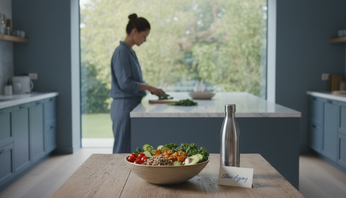 2026년 건강 트렌드 저속노화와 웰니스를 상징하는 건강한 식재료와 밝고 평온한 주방 풍경