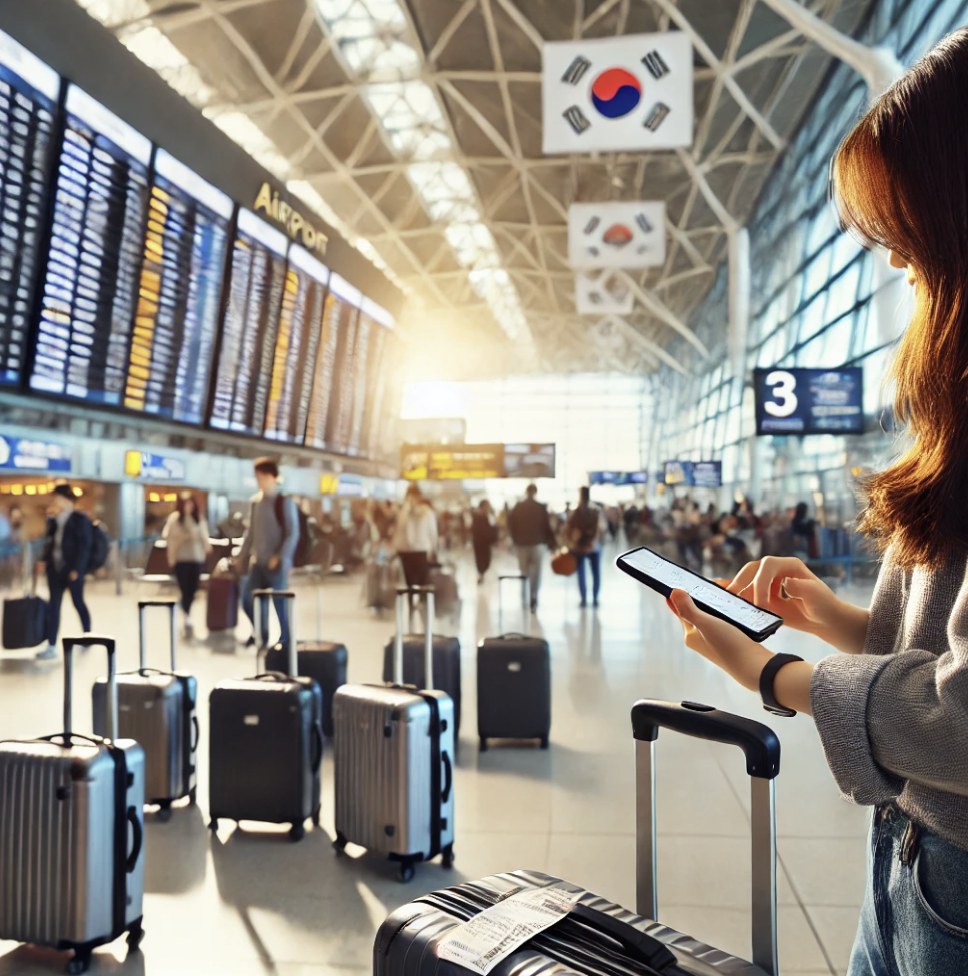 스마트폰으로 출국 준비를 하는 모습