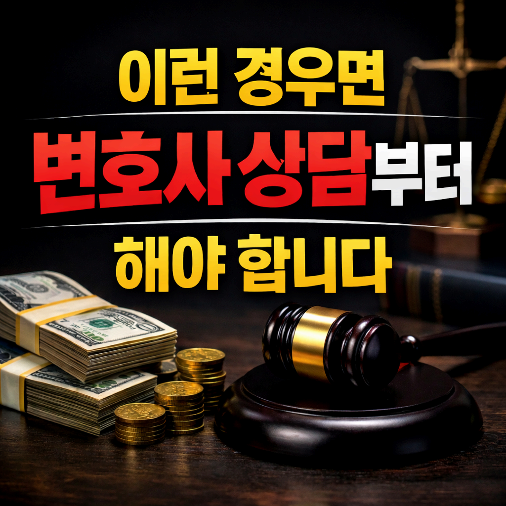 검정 배경 위에 돈다발, 금화, 법봉이 놓여 있고 &lsquo;이런 경우면 변호사 상담부터 해야 합니다&rsquo;라는 문구가 강조된 이미지