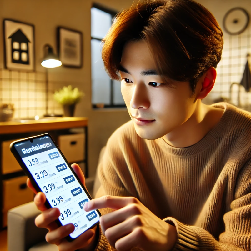 스마트폰으로 임대정보를 검색하는 청년의 모습