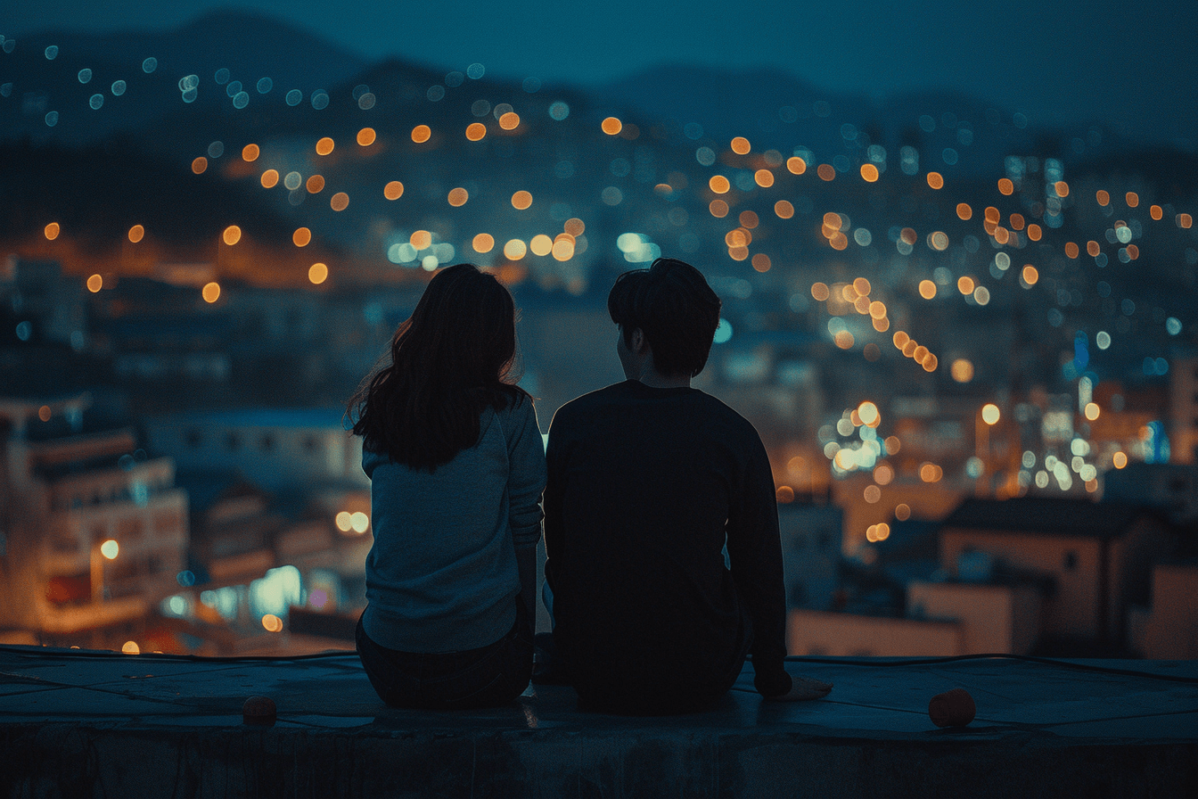 도심이-내려다-보이는-옥상에-앉아-있는-남여