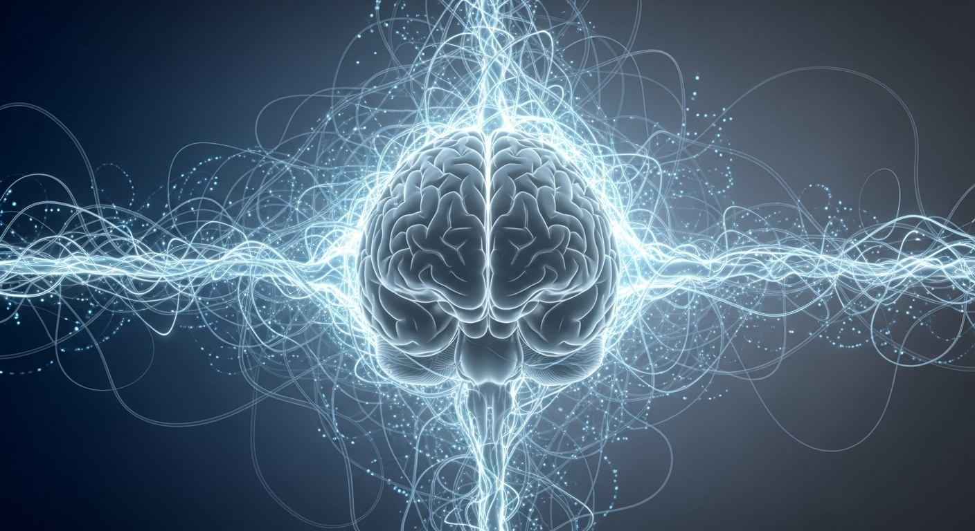 과도하게 활성화된 신경 회로와 기능이 저하된 전두엽을 추상적으로 표현한 이미지. 성인 ADHD 뇌의 불균형을 상징합니다.