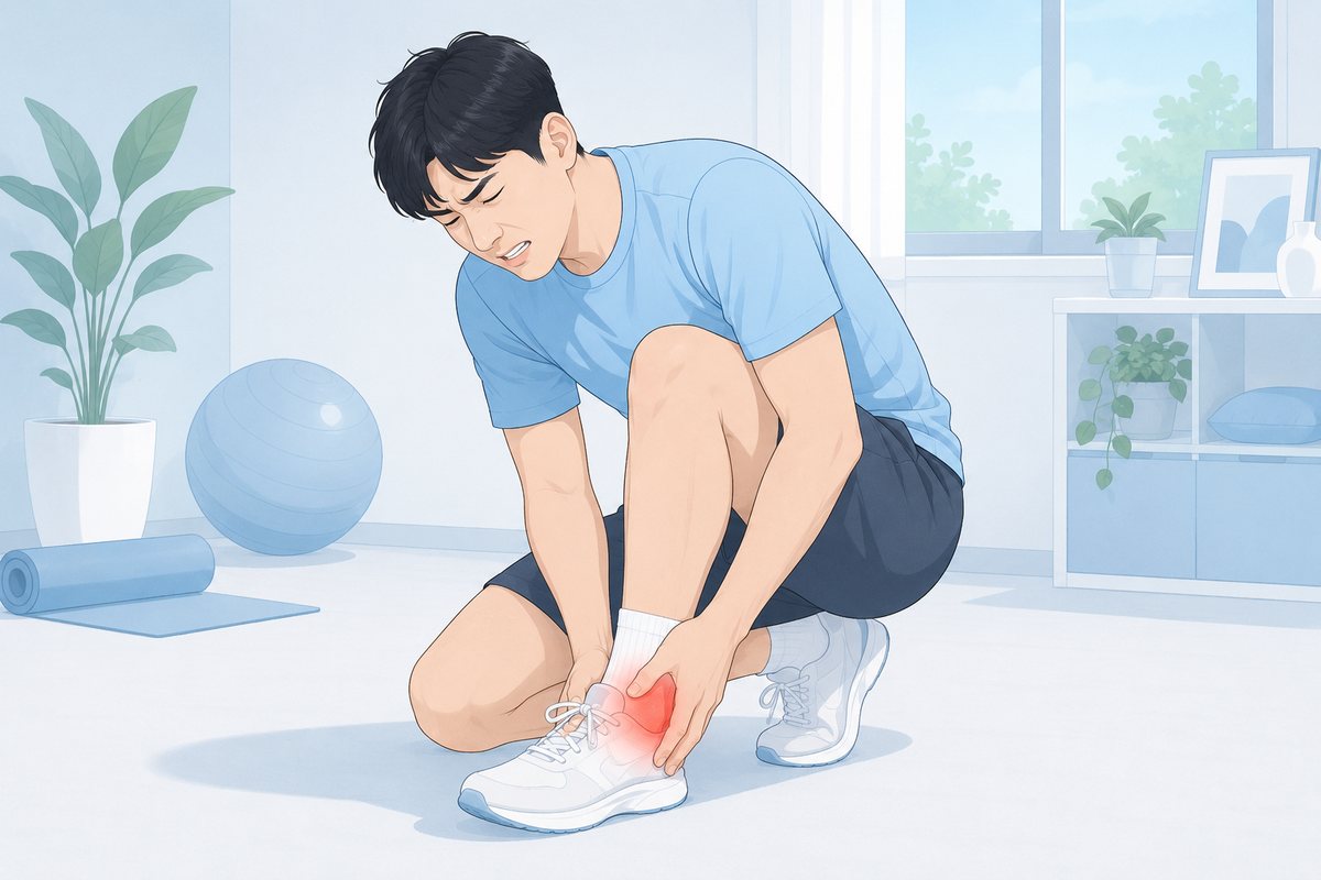 운동복 차림으로 쪼그려 앉아 운동화 신은 발목을 붙잡고 통증에 얼굴을 찡그린 남성
