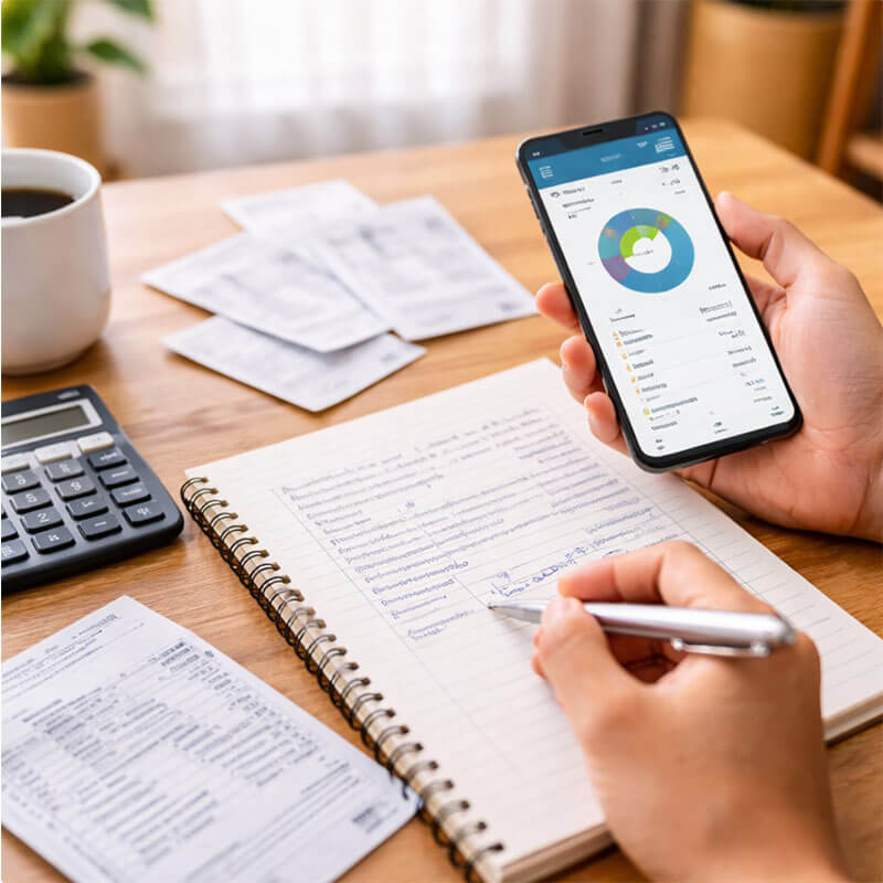 가계부와 스마트폰 금융 앱을 보며 구독 서비스와 생활 지출 내역을 점검하는 개인 재정 관리 장면