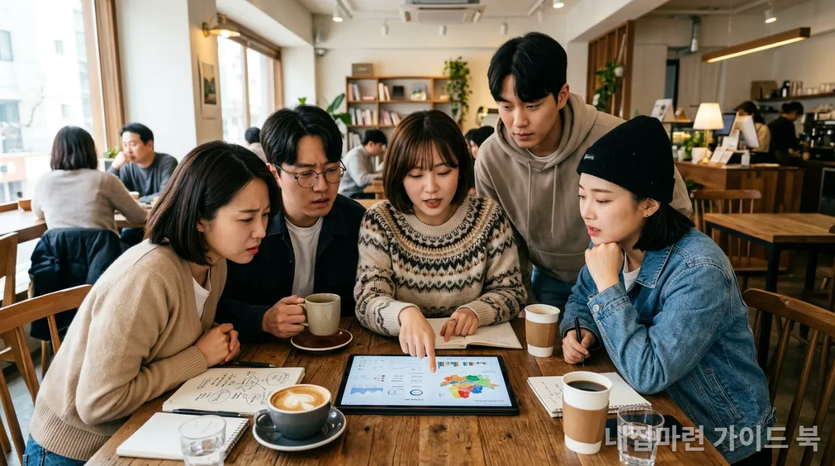 테이블에 모여 태블릿으로 주택 정보를 확인하는 젊은 한국인들