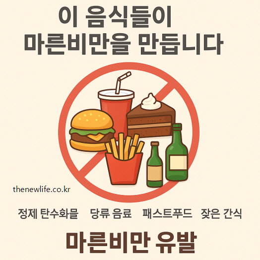 패스트푸드, 단 음료, 술, 케이크 등 마른비만을 유발하는 대표 음식 일러스트