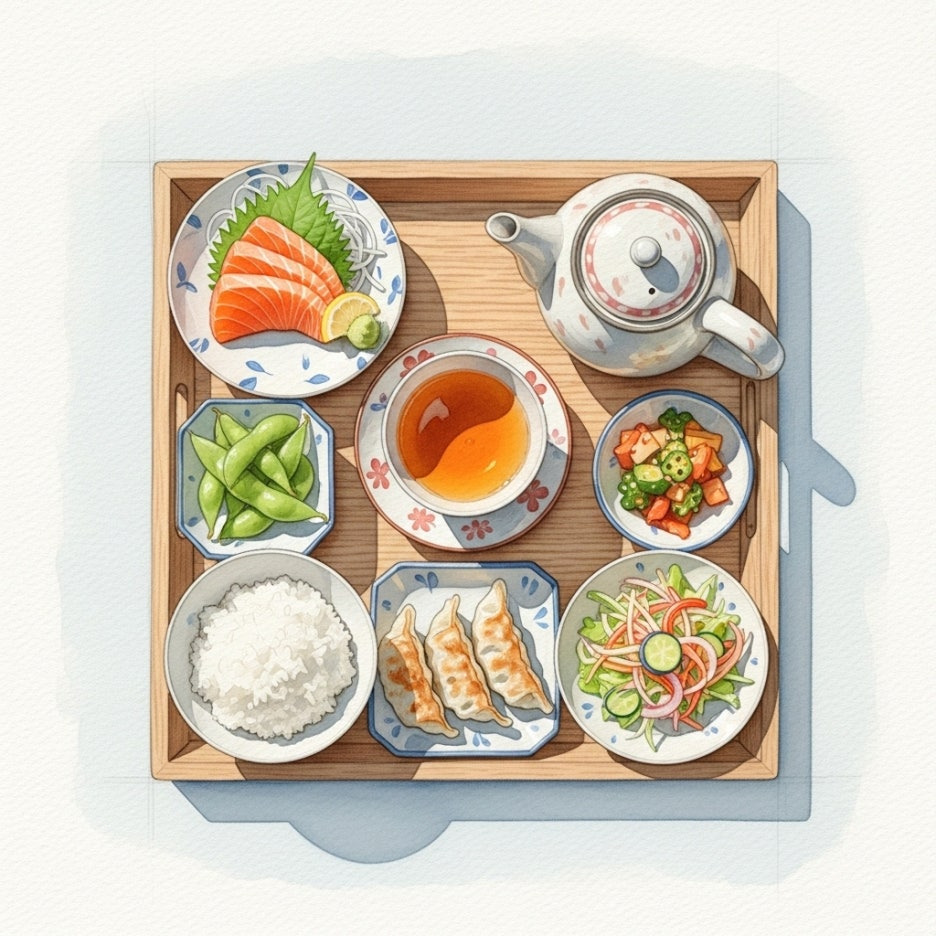 다양한 곁들임 음식이 포함된 정갈한 식사 세트 구성