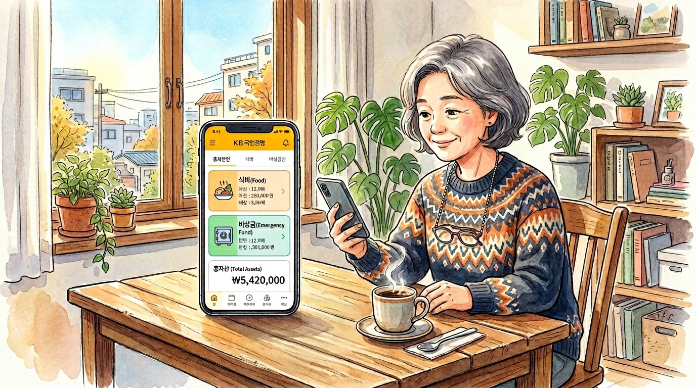 부자의 월요일 루틴으로 일주일 생활비 앱 활용 봉투 살림법을 실천하고 있는 중년 여성의 모습.