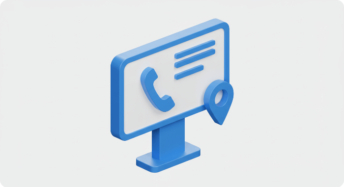 상담 및 문의를 위한 3D 연락처 정보 디스플레이, 한국 전화 아이콘들과 건물 심볼들