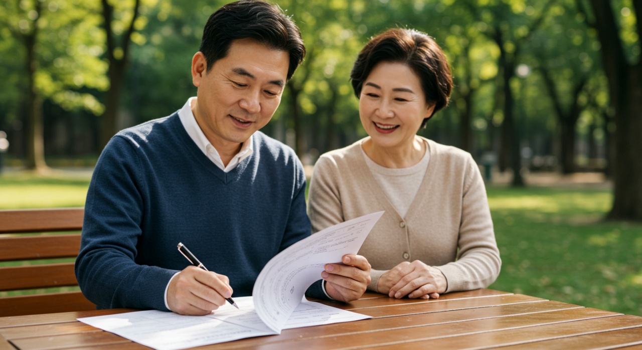 공원에서 장년의 부부가 신청서를 작성하는 모습
