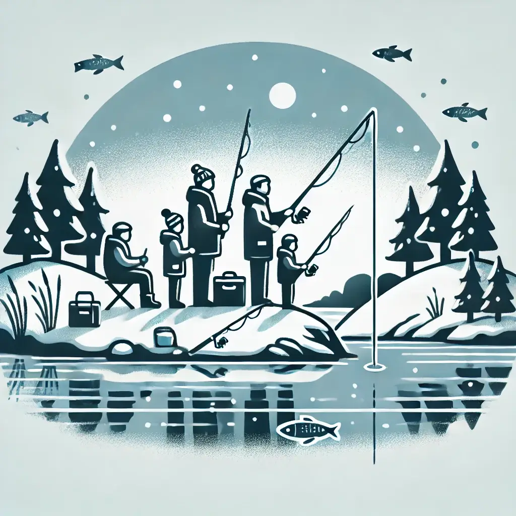 겨울 낚시를 즐기는 가족과 친구들의 모습.