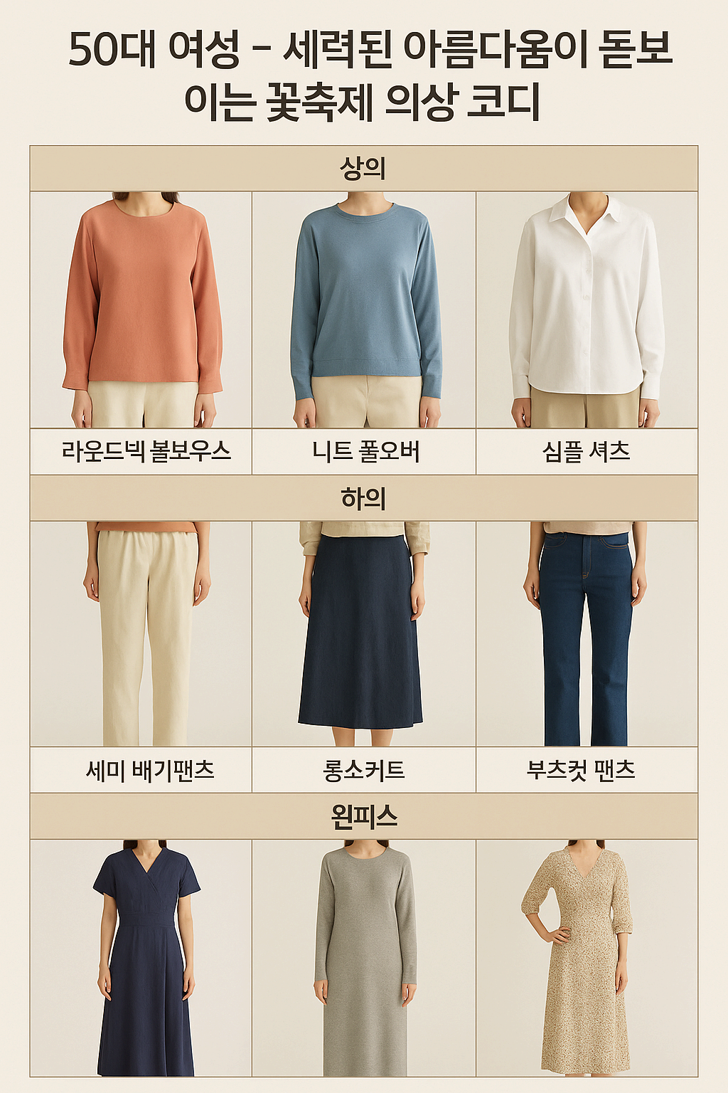 50대 여성 – 클래식과 편안함을 동시에 담은 꽃축제 의상 코디