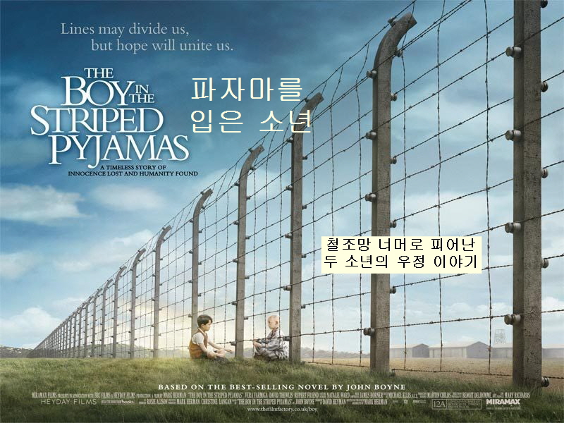 파자마를 입은 소년-철조망을 사이로 두고 두 소년이 마주 보고 앉아있음-철조망 안 쪽인 오른쪽에는 파자마를 입은 소년-바깥 쪽에는 평상복을 입은 소년이 앉아 있음