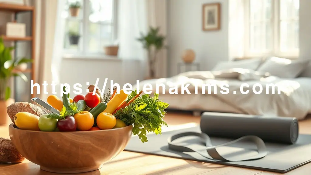 밝고 따뜻한 햇살이 가득한 거실 한쪽. 전경에는 신선한 채소와 과일로 가득 찬 볼, 통곡물 빵, 허브차 한 잔이 놓여 있어 건강한 식단의 모습. 그 옆에는 요가 매트와 스트레칭 밴드가 조용히 펼쳐져 규칙적인 운동의 중요성을 보여주고, 뒤편으로는 아늑한 침대에 부드러운 이불이 정돈되어 편안한 숙면을 연상시킨다.