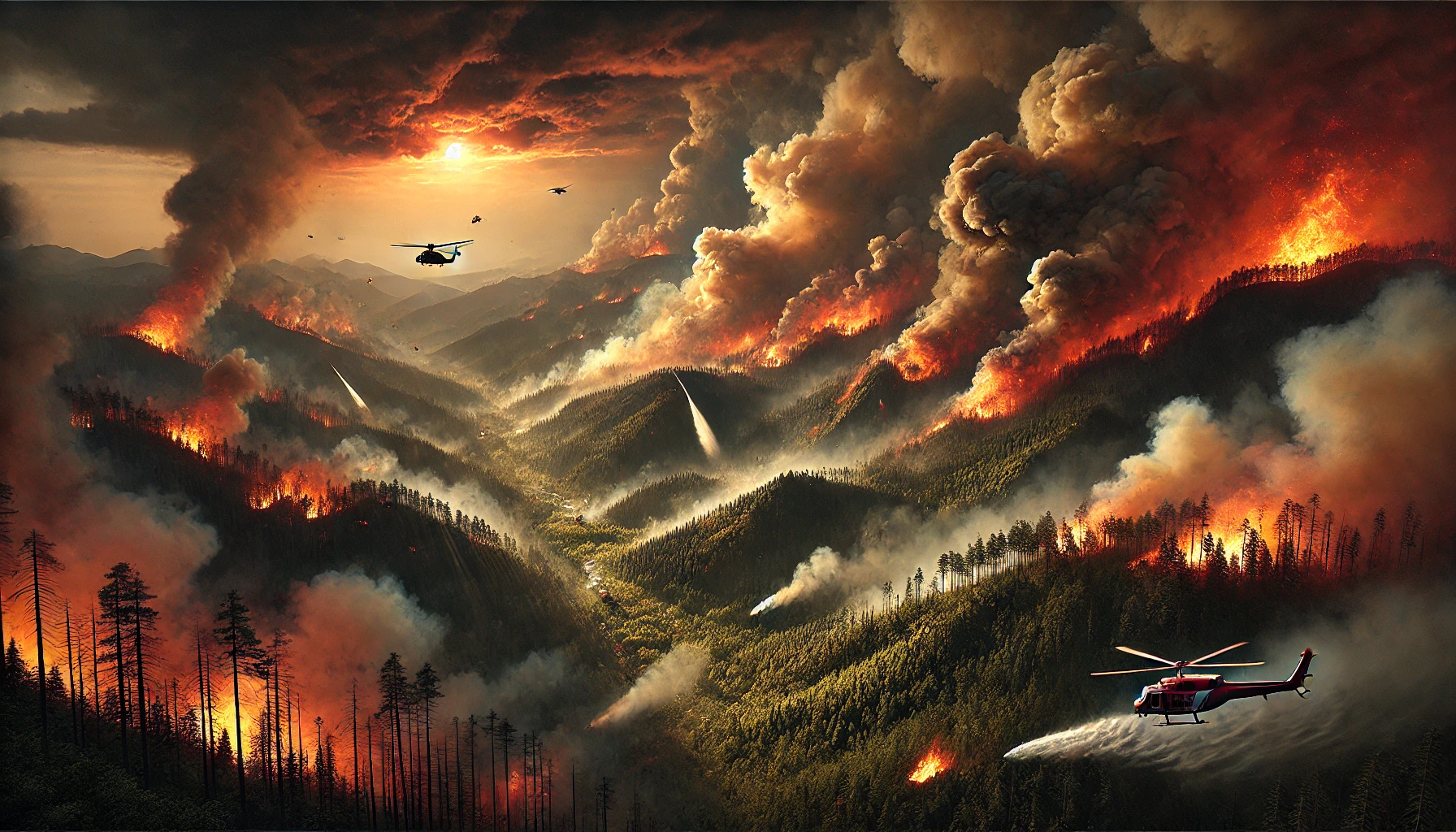 대형산불을 진화하기 위해 애쓰는 이미지