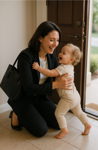 현관문 앞에서 달려오는 아기를 안아주는 일하는 엄마