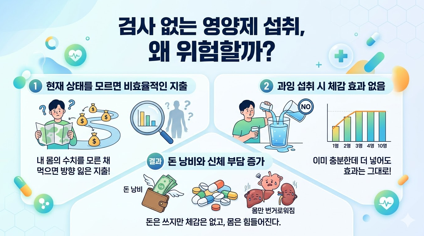 검사 없이 영양제 섭취할 때 발생하는 비효율과 과잉 문제
