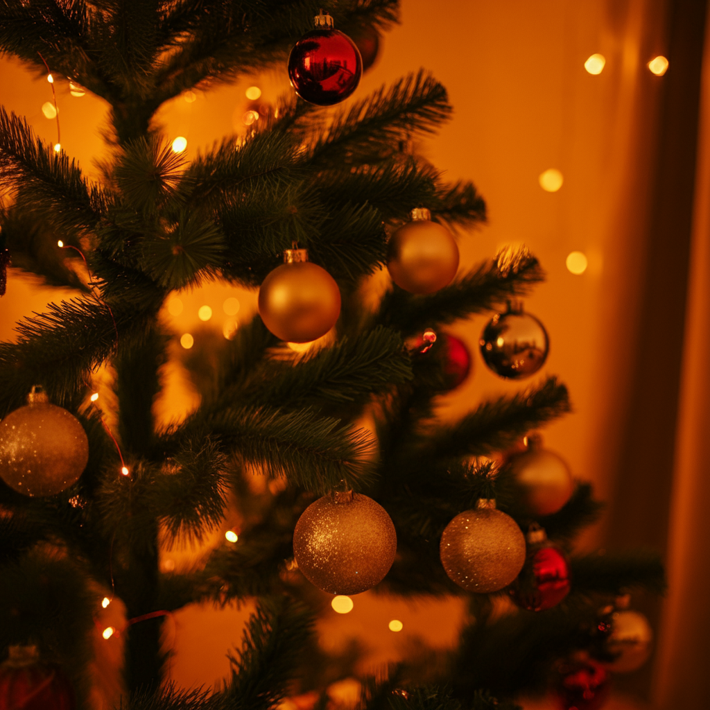 따뜻한 조명이 반짝이는 크리스마스 트리 가지&amp;#44; 다채로운 장식과 함께 밝은 분위기를 연출