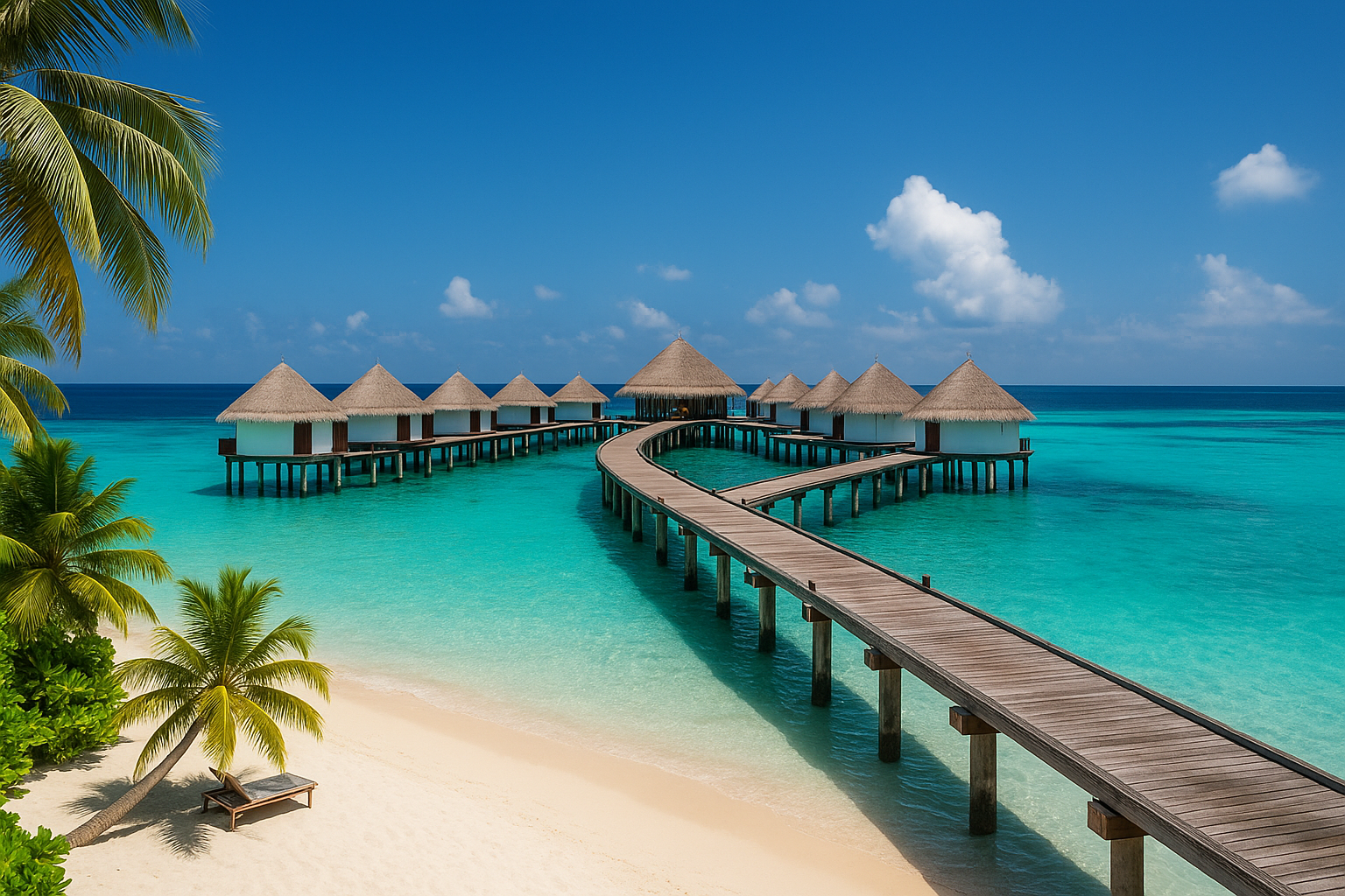 맑고 푸른 하늘 아래, 투명한 에메랄드빛 바다 위로 곧게 뻗은 나무 데크가 중앙에서 곡선을 그리며 이어지고 있고, 그 끝에는 짚으로 지붕을 얹은 수상 방갈로들이 줄지어 있다. 해안가에는 하얀 모래사장이 펼쳐져 있으며, 굽은 야자수가 그림처럼 늘어져 있어 휴양지 특유의 여유로운 분위기를 완성한다. 바닷물은 얕은 곳은 밝고 선명한 청록색, 멀어질수록 깊은 파란색으로 변하며 수평선까지 매끄럽게 이어진다. 전체적으로 구성은 정중앙 데크를 중심으로 좌우 균형감을 이루고 있으며, 평온하고 이상적인 남국의 리조트 풍경을 담은 사진.