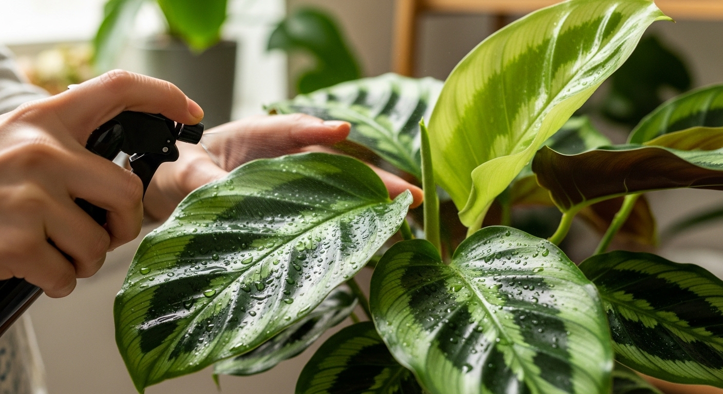 몬스테라 잎에 물을 분무하여 습도를 높이고 병충해를 예방하는 모습, 식물 건강 관리에 필수적인 습도 조절.