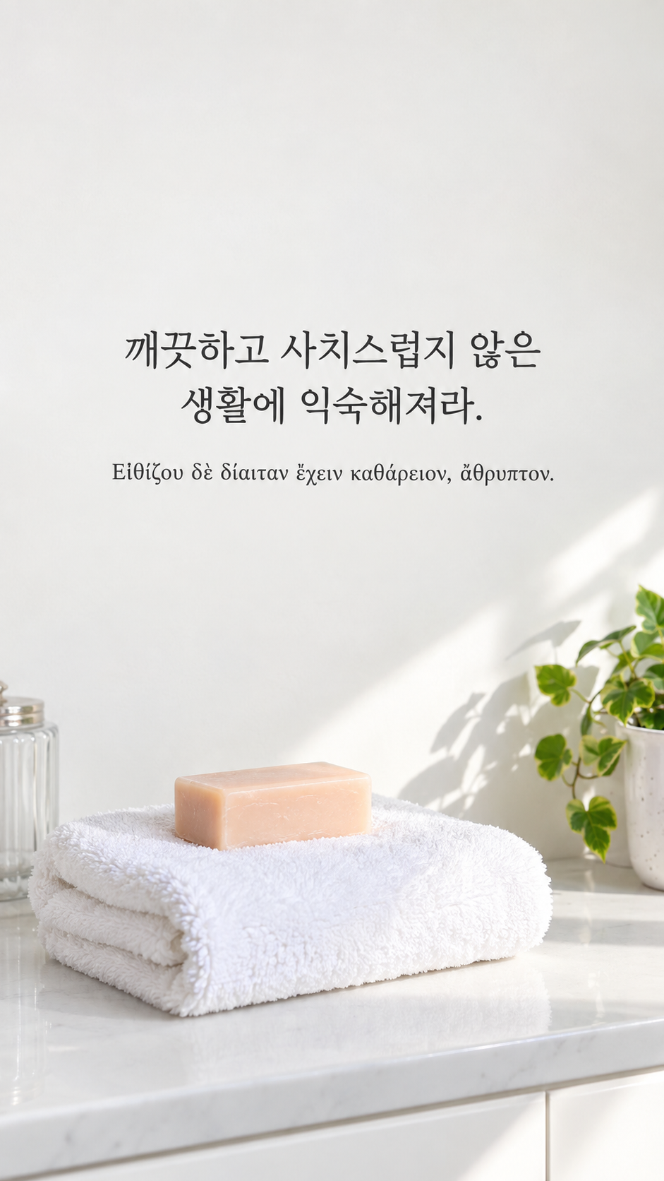 피타고라스 전통 황금시 20 깨끗하고 사치스럽지 않은 생활에 익숙해져라. 하얀 선반 위 접힌 수건과 작은 비누 배경의 한글&middot;그리스어 세로 이미지