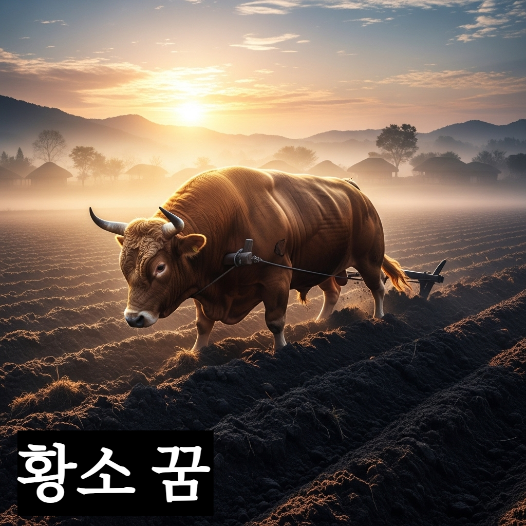 평화로운 한국 시골 풍경 속에서 커다란 황소가 쟁기를 끌며 비옥한 토양의 밭을 묵묵히 갈고 있는 웅장한 일러스트