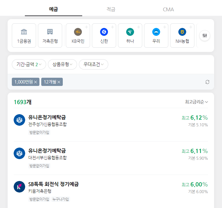 네이버페이 예금 금리 비교 결과