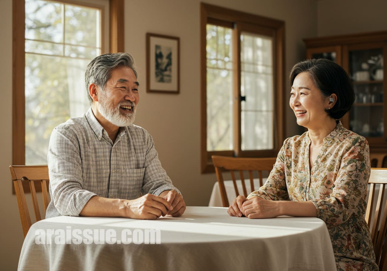 60대 한국인 부부가 식탁에 앉아 보청기 착용 경험을 나누며 웃고 있다. 서양식 인테리어의 따뜻한 공간에서 긍정적 분위기를 전한다.