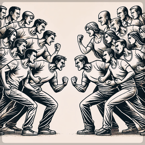 사람들이 두 부류로 나눠져서 대립하고 있음.