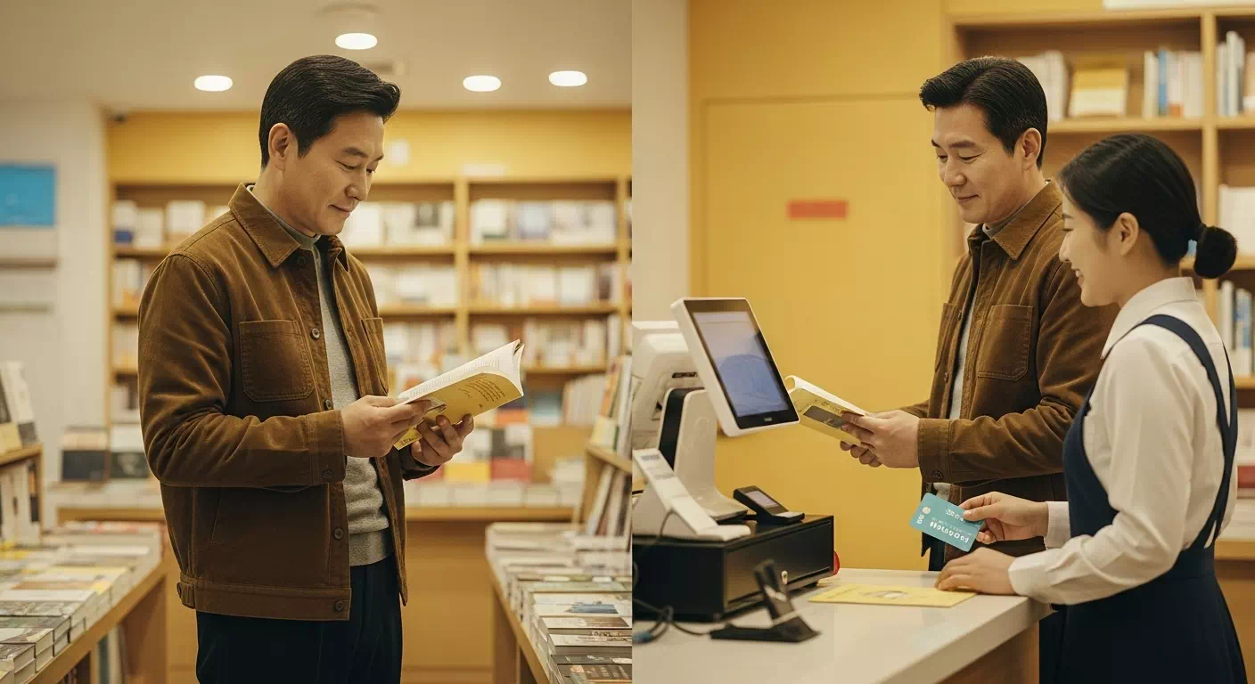 한국인 중년 남성이 서점 카운터에서 책을 고르고 문화누리카드로 결제하는 모습