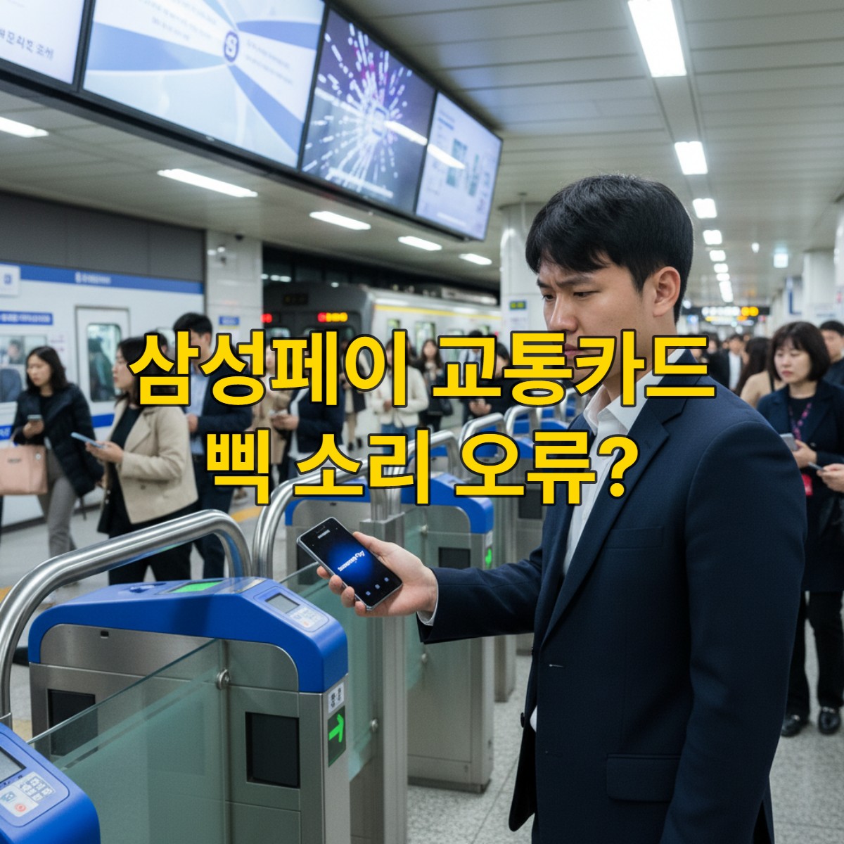 2026년, 혼잡한 한국 지하철역에서 삼성페이 교통카드 오류로 당황하는 한국인 승객의 모습