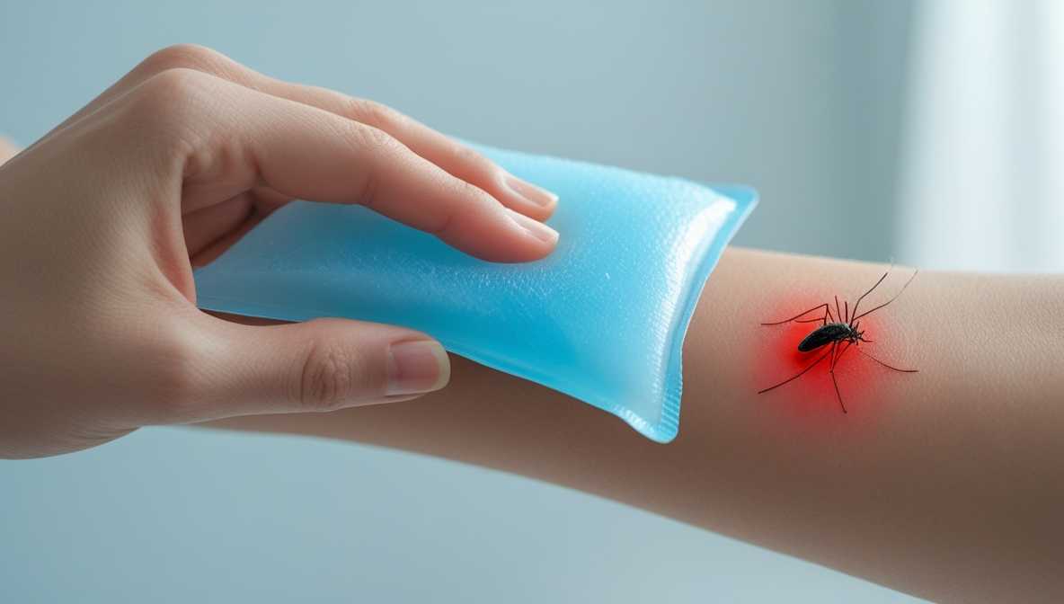 얼음주머니를 팔의 모기 물린 부위에 대고 찜질하는 모습. 시원하고 진정되는 느낌의 사진