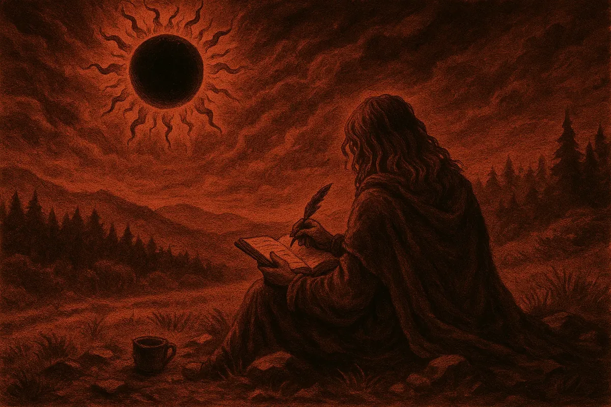 일식 아래에서 글을 쓰는 사람의 판타지 아트