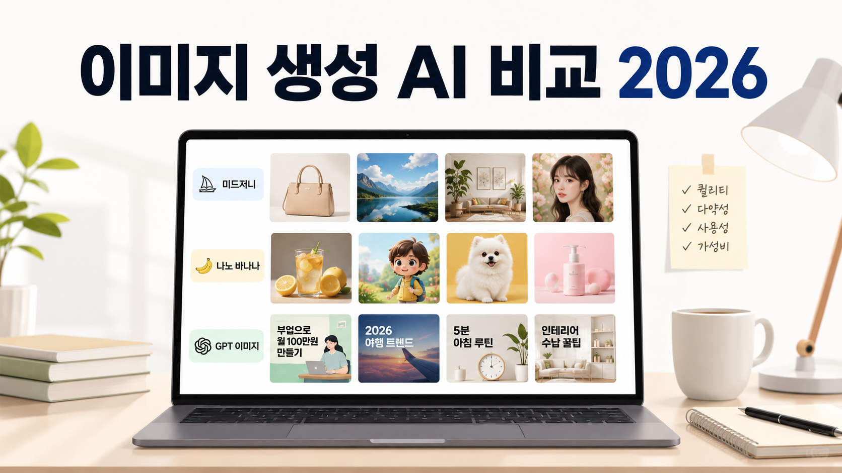 이미지 생성 AI를 2026년 최신 기준으로 깊이 있게 비교했습니다. 전문가가 모델을 판단하는 4가지 기준(텍스트·사실감·심미성·저작권)부터 GPT Image 2·나노 바나나·미드저니의 실제 성능 수치, 한글 썸네일에 뭘 써야 하는지까지 정리했습니다.