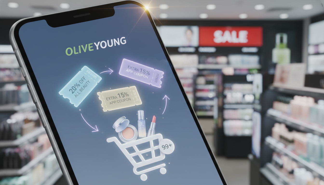 토스 앱 화면과 올리브영 로고, 다양한 할인 쿠폰이 중첩되어 빛나는 이미지. 쇼핑 카트에는 뷰티 제품이 가득하고, 올리브영 매장 내부가 배경으로 보인다. 큰 할인 혜택과 스마트한 쇼핑을 강조하는 모습.