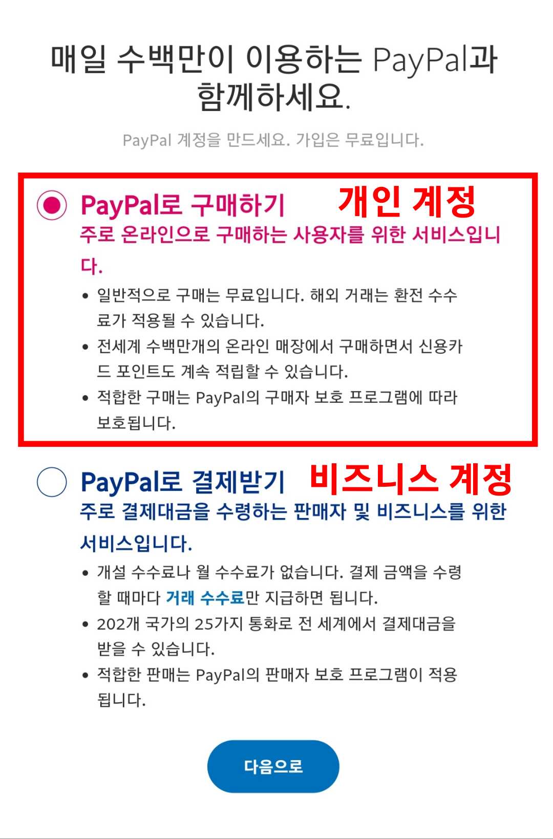 페이팔 개인 계정 및 비즈니스 계정 고르는 화면