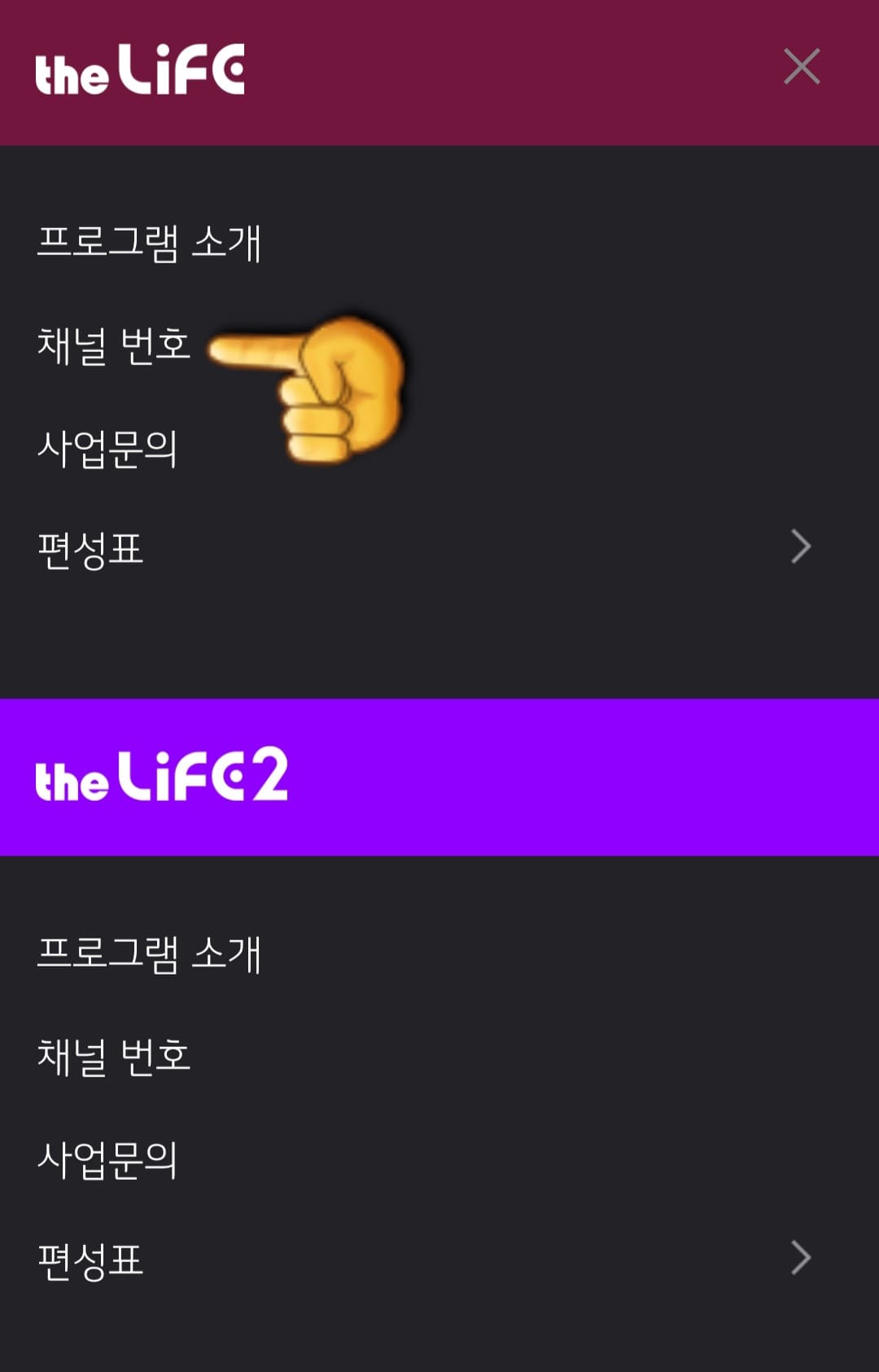 The-Life(더라이프)-편성표-및-채널번호-확인-방법-안내-그러면-상단의-The-Life-홈페이지에서는-프로그램-소개&amp;#44;-채널번호&amp;#44;-사업문의&amp;#44;-편성표-메뉴가-보이는데요.-여기에서-두-번째-줄에-있는-채널번호를-클릭하세요.