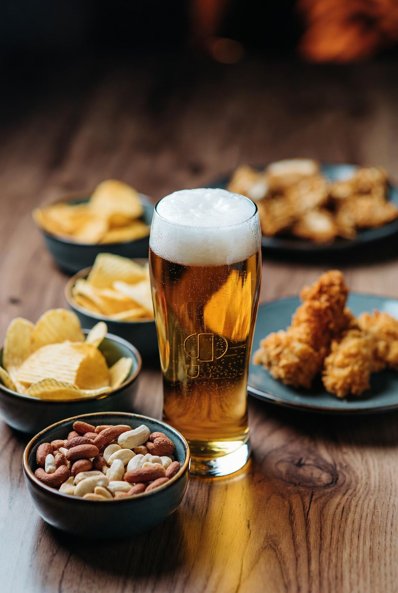 시원하게 거품이 올라온 맥주 잔과 다양한 안주들이 차려진 테이블 사진입니다.
