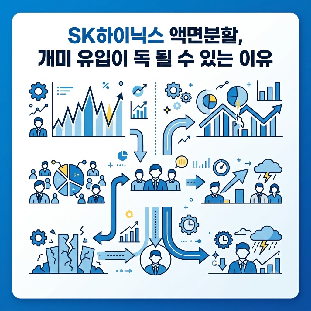'SK하이닉스 액면분할, 개미 유입이 독 될 수 있는 이유'라는 제목과 함께 주가 변동 차트, 투자자 아이콘, 화살표 그래픽이 배치된 블루 톤의 정사각형 인포그래픽