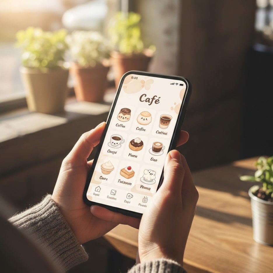 스마트폰 앱을 확인하며 미소 짓는 편안한 모습