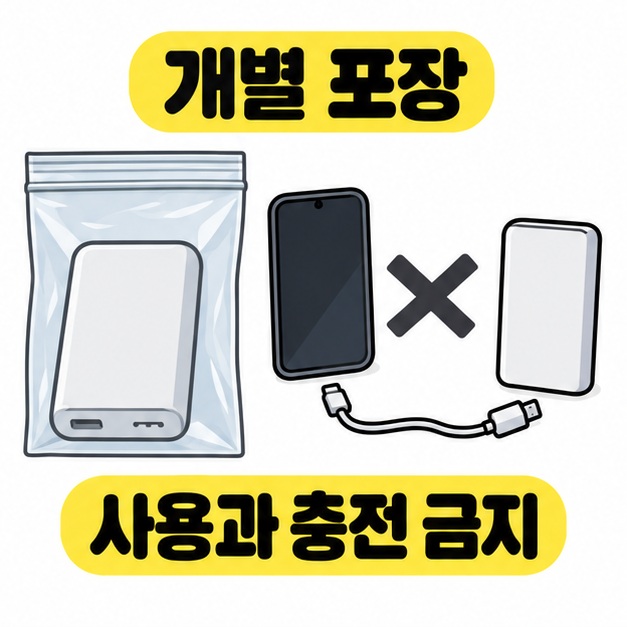 투명 지퍼백에 개별 포장한 보조배터리와 스마트폰, 분리된 충전 케이블과 사용 및 충전 금지 표시