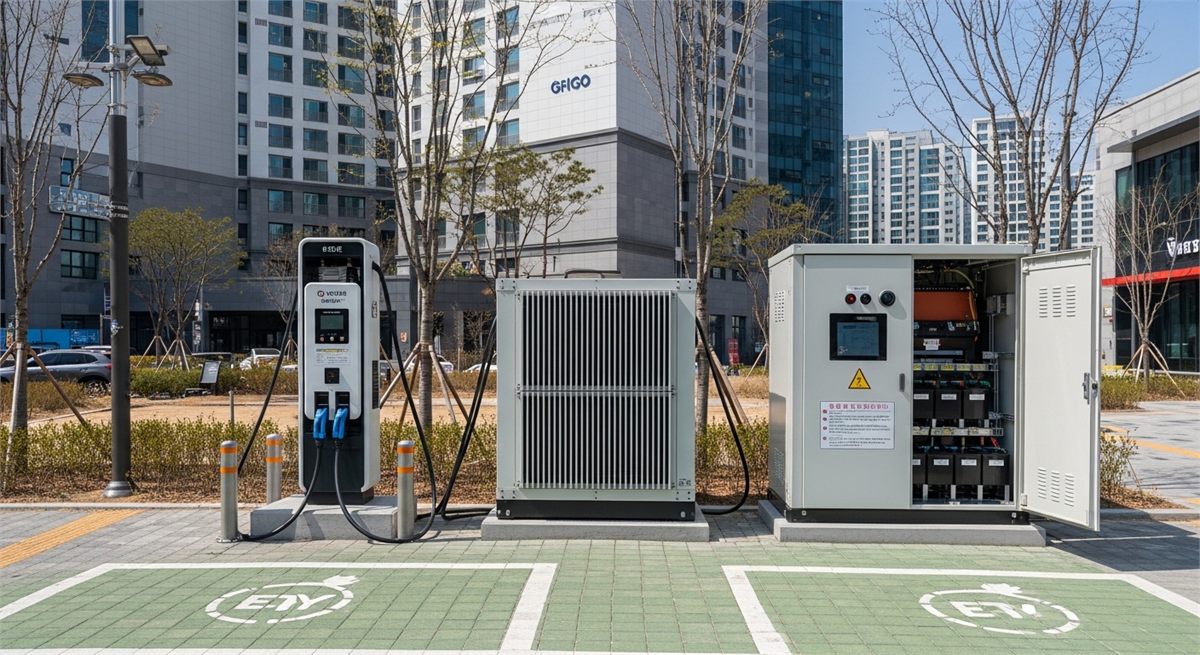 EV 충전기와 전력모듈, 산업용 배터리 장비를 함께 담은 상징 장면