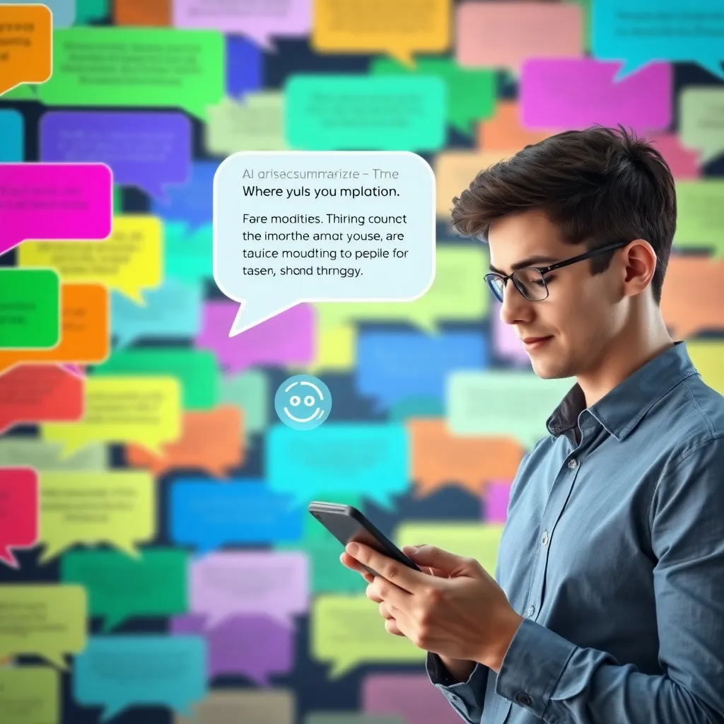 여러 메시지가 오고 간 채팅방에서 AI가 핵심 내용을 요약하여 말풍선으로 띄워주는 모습을 그립니다. 사용자가 손쉽게 정보를 확인하는 모습이 부각되면 좋겠습니다 .