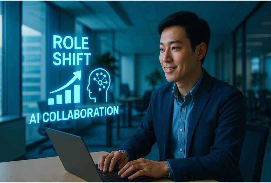 직원이 AI 도구와 협업하며 새로운 직무 역할을 설계하는 장면