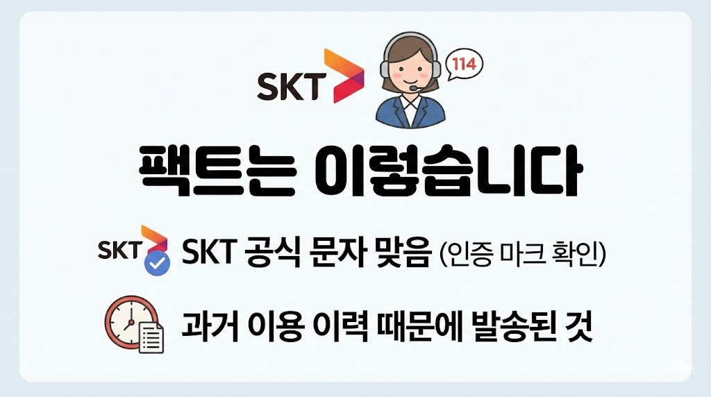 SKT 공식 고객센터의 답변을 바탕으로 V컬러링 문자가 해킹이 아닌 SKT 공식 문자이며, 과거 이용 이력 때문에 발송된 것임을 명확하게 설명하여 사용자의 오해를 해소합니다.