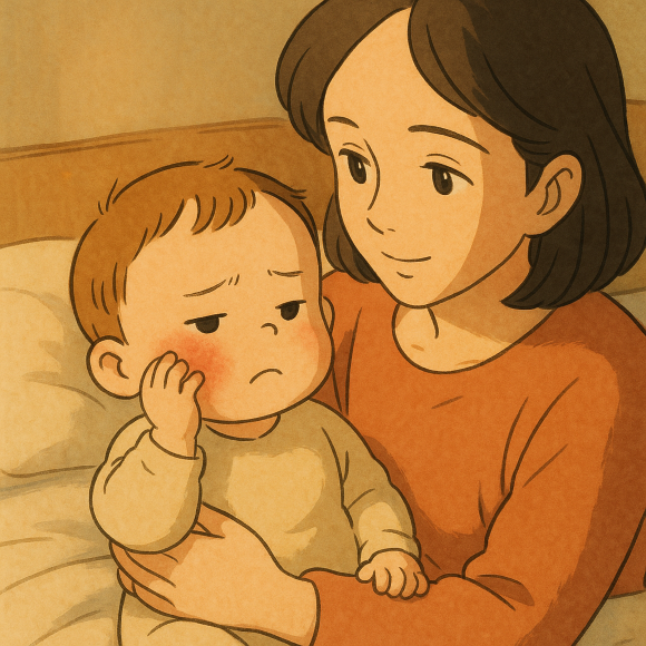 "두드러기로 볼이 붉어진 유아가 엄마 품에 안겨 있는 지브리풍 감성 일러스트"