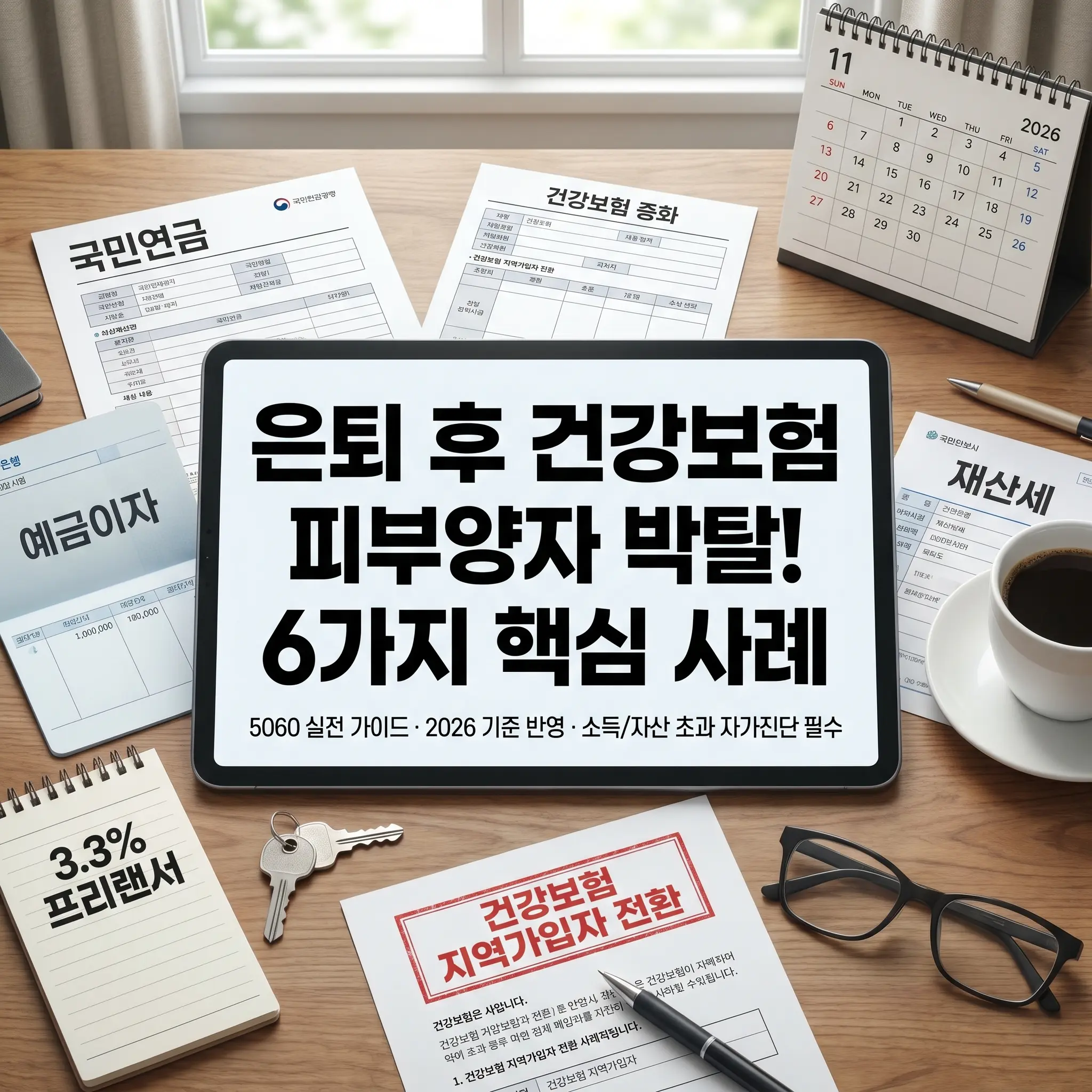 은퇴 후 건강보험 피부양자 자격 상실을 초래하는 6가지 핵심 사례를 설명하는 썸네일 이미지. 책상 위에 국민연금 통지서, 예금이자가 적힌 통장, 재산세 고지서, 3.3% 프리랜서 수첩이 배치되어 있으며, 중앙의 태블릿PC에는 '은퇴 후 건강보험 피부양자 박탈! 6가지 핵심 사례'라는 제목이 크게 적혀 있다. 하단에는 '건강보험 지역가입자 전환' 도장이 찍힌 서류가 놓여 있어 피부양자 탈락 리스크를 시각적으로 강조함.