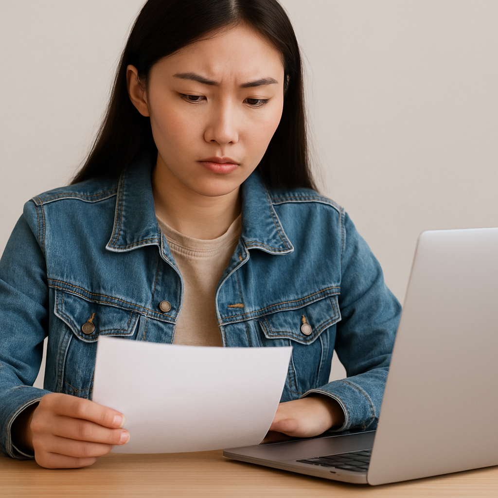 책상에 앉아 문서를 들고 집중해서 읽는 청년 여성의 모습