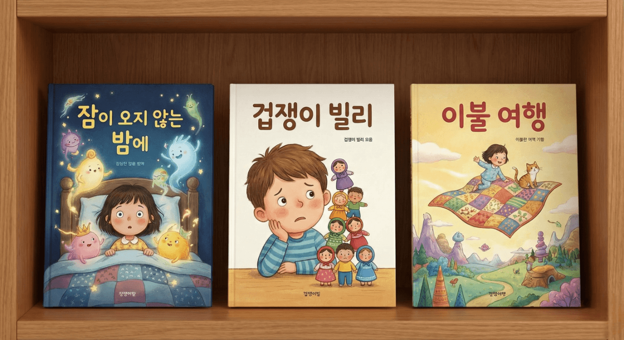 잠 안 오는 아이 추천 도서 잠이 오지 않는 밤에, 겁쟁이 빌리, 이불 여행 표지 모음